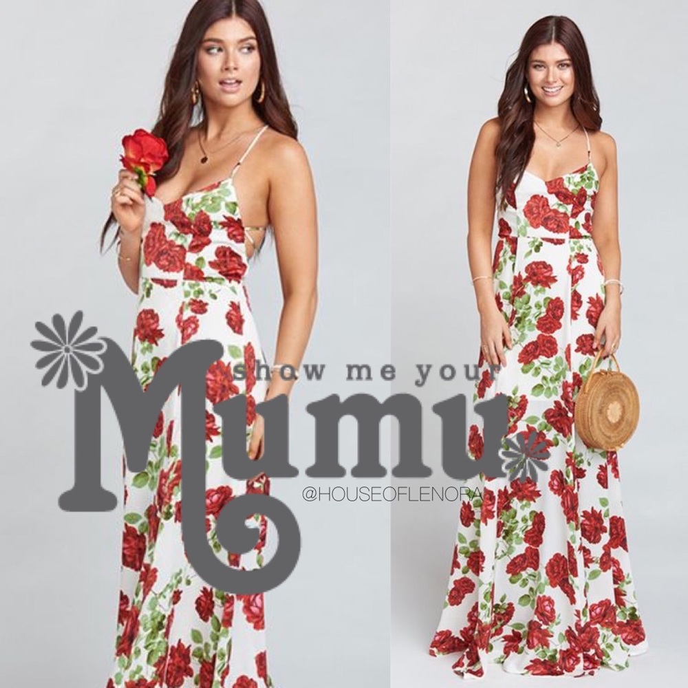 Show Me Your MuMu White Maxi Dress with Red Rose Print